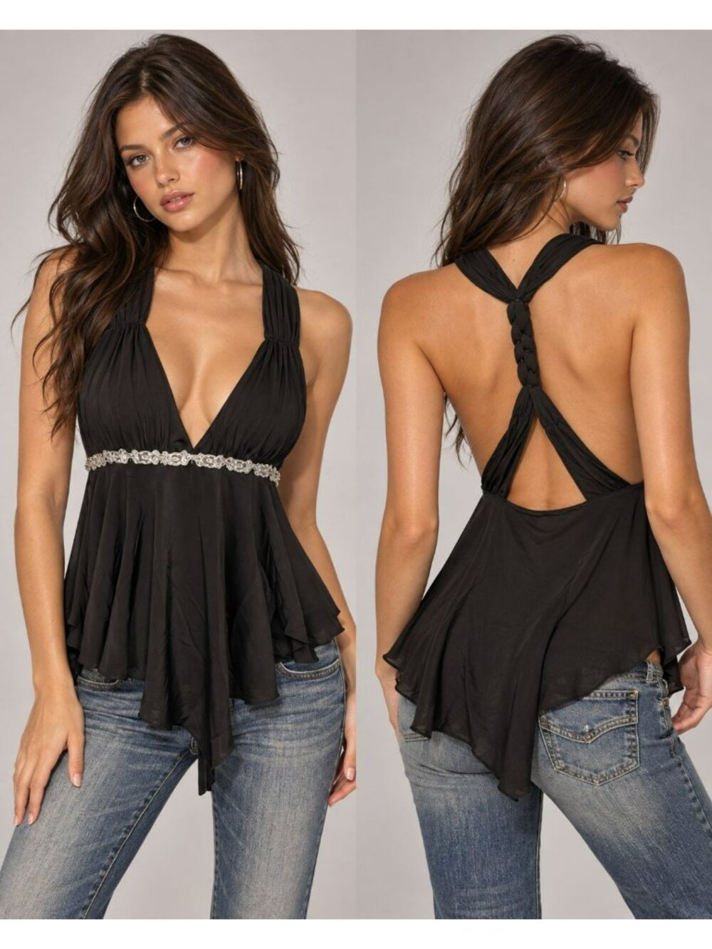 Y2K Black Beaded Babydoll Halter Top flowy handkerchief hem Guess Jeans L Empire